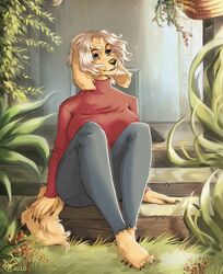  2020 anthro barefoot big_breasts bottomwear breasts brown_eyes canid canine canis clothed clothing domestic_dog eyeliner feet female fingers fur hair kemono makeup mammal mature_anthro mature_female minato_yukimura outside pants plantigrade porch shadowsidemaster shoeless sitting sitting_on_steps solo sweater teacher toes topwear yellow_body yellow_fur 