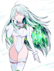  absurdres ahoge breasts closed_eyes colored_inner_hair covered_navel fate/grand_order fate_(series) female gloves green_hair grey_hair highres kukulkan_(fate) long_hair medium_breasts multicolored_hair smile sodamachi thighhighs twitter_username white_gloves wind 