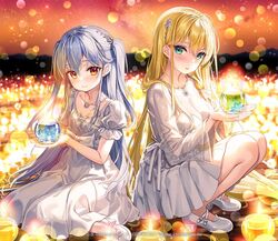  2girls blonde_hair blue_flower blurry blurry_background blush breasts cleavage closed_mouth commentary_request copyright_name depth_of_field dress flower fujima_takuya green_eyes grey_hair hair_between_eyes holding kagamihara_azumi long_hair medium_breasts multiple_girls parted_lips pleated_dress red_eyes rigel_(z/x) see-through see-through_cleavage shoes sitting smile two_side_up very_long_hair wariza white_dress white_footwear z/x 