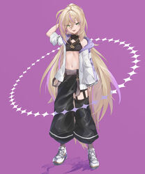  absurdres arm_behind_head arm_up asymmetrical_sleeves bad_id bad_pixiv_id bare_shoulders black_pants blonde_hair breasts brown_socks commentary_request crop_top fangs female full_body fur-trimmed_jacket fur_trim hair_between_eyes highres jacket long_hair long_sleeves looking_at_viewer multicolored_hair navel off_shoulder open_clothes open_jacket original pants partial_commentary ponta_(velmar) puffy_long_sleeves puffy_sleeves purple_background purple_hair shoes simple_background sleeves_past_wrists small_breasts smile socks solo streaked_hair tongue tongue_out very_long_hair white_footwear white_jacket 