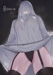  absurdres ass_visible_through_thighs black_panties black_thighhighs breasts clothes_pull covering_face english_text female garter_belt garter_straps ghost ghost_costume highres large_breasts light_blush naughty_face original panties sheet_ghost solo soolee040995 sweat thighhighs underwear 