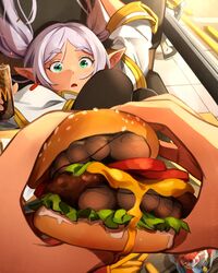  1other burger commentary contemporary earrings elf english_commentary fast_food feet feet_in_food female food food_on_foot foot_focus foreshortening frieren green_eyes grey_hair highres jewelry khyle. long_hair looking_at_viewer mcdonald&#039;s no_shoes open_mouth pantyhose pointy_ears pomni_(the_amazing_digital_circus) pov pov_hands solo_focus sousou_no_frieren the_amazing_digital_circus toenails toes twintails when_you_see_it 