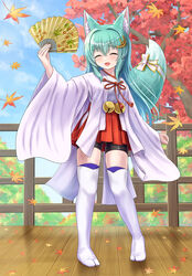  :d ^_^ absurdres animal_ear_fluff animal_ears ass_visible_through_thighs autumn_leaves bell bike_shorts black_shorts blue_sky bow breasts closed_eyes cloud cloudy_sky commission day facing_viewer female fence folding_fan fox_ears fox_girl fox_tail full_body green_hair hair_ornament hakama hakama_short_skirt hakama_skirt hand_fan highres holding holding_fan iroha_(iroha_matsurika) japanese_clothes jingle_bell kimono leaf long_hair long_sleeves maple_leaf miko no_shoes oerba_yun_fang original outdoors pixiv_commission red_hakama short_shorts shorts shorts_under_skirt skirt sky small_breasts smile solo standing tabi tail tail_bow tail_ornament thighhighs tree very_long_hair virtual_youtuber white_bow white_kimono white_thighhighs wide_sleeves 