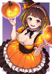  :d absurdres black_hat black_ribbon blush boku_no_hero_academia breasts brown_corset brown_eyes brown_hair cleavage commentary corset dress english_commentary female food frilled_dress frills halloween hat highres holding holding_food holding_pumpkin holding_vegetable kobaji large_breasts medium_hair mini_hat mini_witch_hat neck_ribbon open_mouth orange_dress puffy_short_sleeves puffy_sleeves pumpkin purple_nails ribbon short_sleeves sidelocks smile solo teeth upper_teeth_only uraraka_ochako vegetable witch_hat 