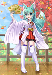  :d absurdres animal_ear_fluff animal_ears ass_visible_through_thighs autumn_leaves bell bike_shorts black_shorts blue_eyes blue_sky bow breasts cloud cloudy_sky commentary_request commission day female fence folding_fan fox_ears fox_girl fox_tail full_body green_hair hair_ornament hakama hakama_short_skirt hakama_skirt hand_fan highres holding holding_fan iroha_(iroha_matsurika) japanese_clothes jingle_bell kimono leaf long_hair long_sleeves looking_at_viewer maple_leaf miko no_shoes oerba_yun_fang original outdoors pixiv_commission red_hakama short_shorts shorts shorts_under_skirt skirt sky small_breasts smile solo standing tabi tail tail_bow tail_ornament thighhighs tree very_long_hair virtual_youtuber white_bow white_kimono white_thighhighs wide_sleeves 