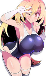  artistic_error ass bare_shoulders black_one-piece_swimsuit blonde_hair blush breasts bright_pupils brown_eyes competition_swimsuit elbow_gloves female gloves harubato highres large_breasts long_hair looking_at_viewer one-piece_swimsuit one_eye_closed shokuhou_misaki smile solo spider_web_print star-shaped_pupils star_(symbol) swimsuit symbol-shaped_pupils thighhighs toaru_kagaku_no_mental_out toaru_kagaku_no_railgun toaru_majutsu_no_index tokiwadai_school_swimsuit tongue tongue_out very_long_hair w w_over_eye white_gloves white_pupils 