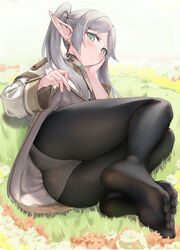  absurdres ass black_pantyhose capelet closed_mouth clothes_lift commentary_request dangle_earrings earrings elbow_rest elf feet female field flower flower_field foot_focus foreshortening frieren full_body green_eyes grey_hair head_rest heart heart_print highres jacket jewelry lifting_own_clothes long_hair looking_at_viewer lying no_shoes on_ground on_side outdoors panties panties_under_pantyhose pantyhose parted_bangs pointy_ears print_panties skirt skirt_lift soles solo sousou_no_frieren toes twintails underwear white_capelet white_jacket white_skirt yuye 