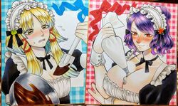  2girls :3 alternate_costume apron autumn_leaves black_bow black_bowtie black_ribbon blonde_hair blue_ribbon blush bow bowl bowtie breasts buttons chocolate cream cream_on_breasts fangs flying_sweatdrops food_on_body food_on_breasts frilled_apron frills frog frog_girl frog_hair_ornament hair_bun hair_ornament hair_ribbon hairbow headdress highres holding holding_bowl holding_pastry_bag holding_spatula horizontal_pupils large_breasts leaf leaf_hair_ornament leaf_on_head long_hair looking_at_object looking_to_the_side lower_teeth_only maid maid_headdress medium_hair moriya_suwako multiple_girls nervous nervous_smile nose_blush oerba_yun_fang pastry_bag photoshop_(medium) plaid plaid_background puffy_sleeves purple_hair red_bow red_eyes red_ribbon ribbon short_sleeves skin_fangs slit_pupils small_breasts smile spatula sweat sweatdrop teeth tongue touhou traditional_media wavy_hair white_wrist_cuffs whoru wrist_cuffs yasaka_kanako yellow_eyes 