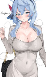  ako_(blue_archive) bag black_hairband blue_archive blue_eyes blue_hair blue_halo blush breasts cleavage closed_mouth dongtan_dress dress female hair_between_eyes hairband halo highres large_breasts long_hair long_sleeves meme_attire simple_background solo tsumayouji_(tumayog) upper_body white_background white_dress 