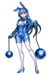  :d animal_ears azumarill ball_and_chain_(weapon) blue_bow blue_bowtie blue_eyes blue_footwear blue_gloves blue_hair blue_jacket blue_leotard blue_pantyhose blue_ribbon bow bowtie breasts cleavage covered_navel detached_collar earrings female full_body gloves high_heels jacket jewelry katagiri_hachigou legs_apart leotard long_hair long_sleeves medium_breasts open_clothes open_jacket open_mouth pantyhose personification playboy_bunny pokemon rabbit_ears ribbon shoes simple_background smile solo standing teeth two-tone_legwear upper_teeth_only white_background white_pantyhose 