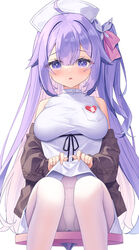  ahoge azur_lane black_jacket blush bow bow_panties breasts clothes_lift commentary_request dress dress_lift feet_out_of_frame female hair_between_eyes hair_intakes hat highres jacket large_breasts lifting_own_clothes long_hair long_sleeves looking_at_viewer nurse nurse_cap off_shoulder one_side_up panties panties_under_pantyhose pantyhose parted_lips puffy_long_sleeves puffy_sleeves purple_eyes purple_hair satsuki_yukimi simple_background sitting sleeveless sleeveless_dress sleeves_past_wrists solo stool underwear unicorn_(angelic_nurse)_(azur_lane) unicorn_(azur_lane) very_long_hair white_background white_dress white_panties white_pantyhose 