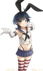  alternate_costume black_hair black_hairband black_neckerchief black_panties blue_eyes blue_sailor_collar blue_skirt blush cosplay crop_top dated elbow_gloves female gloves hairband highleg highleg_panties kantai_collection looking_at_viewer matsukaze_(kancolle) microskirt navel neckerchief panties ray.s sailor_collar shimakaze_(kancolle) shimakaze_(kancolle)_(cosplay) short_hair simple_background skirt solo striped_clothes striped_thighhighs thighhighs thong underwear white_background white_gloves 