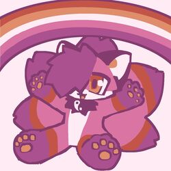  1:1 anthro bangs canid canine female fox fur hi_res lesbian_pride_colors lgbt_pride mammal open_mouth open_smile orange_lesbian_pride_colors pink_body pink_fur pride_colors rainbow rainbow_arch smile solo yakkotsuki yuki_(labbit) 