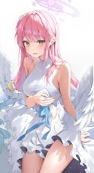  absurdres angel_wings armpit_crease bad_id bad_pixiv_id bare_arms bare_shoulders blue_archive blush breasts capelet_removed collarbone commentary cowboy_shot dress feathered_wings female frilled_dress frills hair_bun halo highres large_breasts long_hair mika_(blue_archive) open_mouth pink_hair pink_halo simple_background single_side_bun sitting sleeveless sleeveless_dress solcha solo sweatdrop thighs white_background white_dress white_wings wings yellow_eyes 