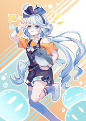  :q absurdres ahoge alternate_costume animal arm_up bare_shoulders blubberbeast_(genshin_impact) blue_eyes blue_hair blue_hairband blue_ribbon commentary female foot_out_of_frame furina_(genshin_impact) genshin_impact hair_ribbon hairband highres holding holding_animal iimice long_hair looking_at_viewer off-shoulder_shirt off_shoulder orange_shirt overall_shorts overalls ribbon shirt shoes short_sleeves single_bare_shoulder slime_(genshin_impact) smile sneakers solo symbol-only_commentary tongue tongue_out very_long_hair w white_footwear 