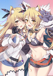  2girls :d animal_ear_fluff animal_ears animal_hands armpits black_gloves black_shorts blonde_hair blue_shorts blush bra breasts commentary covered_navel cowboy_shot gloves grey_bra hair_between_eyes half_gloves halftone halftone_background hand_up highres leg_tattoo leone_(sennen_sensou_aigis) lev_(sennen_sensou_aigis) long_hair micro_shorts multiple_girls navel oerba_yun_fang open_mouth rasahan sennen_sensou_aigis shirt shorts simple_background skin_fang small_breasts smile stomach tattoo underwear white_shirt yellow_eyes 