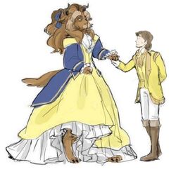  anthro beast_(disney) beauty_and_the_beast belle_(beauty_and_the_beast) brown_body clothing dc9spot disney dress duo eye_contact female hand_holding human larger_female looking_at_another looking_down male mammal rule_63 simple_background size_difference white_background 