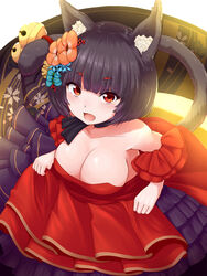  animal_ear_fluff animal_ears azur_lane bell breasts cat_ears cat_girl cat_tail cleavage dress female highres jingle_bell large_breasts oerba_yun_fang raseruta red_dress red_eyes short_eyebrows short_hair skin_fang solo tail tail_bell tail_ornament yamashiro_(azur_lane) yamashiro_(dressy_black_cat)_(azur_lane) 