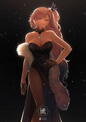  alternate_costume artist_logo breasts cleavage dress earrings evening_gown female flower fur_shawl gloves hair_flower hair_ornament highres hololive hololive_indonesia jewelry landacdeus large_breasts long_hair looking_at_viewer patreon_username pavolia_reine pendant_choker ponytail shawl side_slit smile solo twitter_username very_long_hair virtual_youtuber 