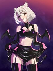  absurdres animal_ear_fluff animal_ears bare_shoulders black_gloves black_panties black_skirt black_wings breasts brown_eyes cleavage cleavage_cutout clothing_cutout commentary_request demon_girl demon_tail demon_wings elbow_gloves female garter_straps gloves grey_hair hair_between_eyes head_tilt highres medium_breasts mio_(xenoblade) navel panties short_hair skirt solo tail timosan underwear wings xenoblade_chronicles_(series) xenoblade_chronicles_3 