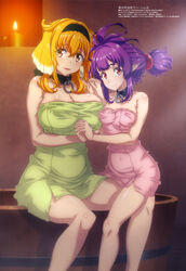  2girls absurdres animal_ears barefoot bathroom black_collar breasts collar dog_ears dog_girl dog_tail dwarf floppy_ears hairband highres holding_hands indoors isekai_meikyuu_de_harem_wo large_breasts long_hair looking_at_viewer magazine_scan megami_magazine metal_collar multiple_girls o-ring_collar official_art orange_hair petite pointy_ears purple_hair roxanne_(isekai_meikyuu_de_harem_wo) scan sherry_(isekai_meikyuu_de_harem_wo) short_hair sitting small_breasts smile steam tail twintails umetsu_yukinori yuri 