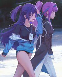  2girls absurdres black_shirt blue_archive blue_buruma breasts buruma closed_mouth gloves halo highres id_card lanyard long_hair long_sleeves mechanical_halo medium_breasts multiple_girls official_alternate_costume open_mouth partially_unzipped ponytail purple_eyes purple_hair shirt short_sleeves smile two_side_up utaha_(blue_archive) utaha_(cheer_squad)_(blue_archive) viscum white_gloves yuuka_(blue_archive) yuuka_(track)_(blue_archive) 