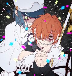  1boy @_@ absurdres bandaid bandaid_on_cheek bandaid_on_face black_background blue_hair cape commentary_request eyepatch female gloves green_eyes grey_background hat highres jacket kajiyama_fuuta kao_ru05 long_sleeves looking_at_viewer milgram momose_amane multicolored_background orange_hair praying shako_cap smile straitjacket teeth white_cape white_gloves white_headwear white_jacket 