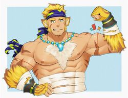  1boy abs animal_ears another_eidos-r bad_id bad_twitter_id bara biceps blonde_hair blue_headband chest_hair cropped_torso facial_hair flexing hand_up headband highres jewelry kansuke_(kansuke_717) large_pectorals looking_at_viewer magatama magatama_necklace male_focus mature_male midriff_sarashi muscular muscular_male mustache_stubble mutton_chops necklace nipples notice_lines nude pectorals pugi_(another_eidos) sarashi scar scar_on_arm short_hair smirk solo sparse_stubble stubble thick_chest_hair thick_eyebrows tiger_boy tiger_ears tiger_stripes 