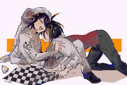  2boys :d black_footwear black_hair blush brown_pants cape cha_c170 checkered_neckerchief collarbone danganronpa_(series) danganronpa_v3:_killing_harmony fake_horns fur_cape grey_jacket grey_pants hair_over_one_eye highres hood hood_up horns jacket knee_up male_focus multiple_boys neckerchief oerba_yun_fang oma_kokichi orange_background pants pink_eyes profile purple_hair saihara_shuichi sheep_horns smile teeth unworn_neckerchief upper_teeth_only vampire white_background 