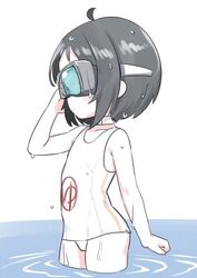  ahoge alternate_color_school_swimsuit black_hair brown_eyes choker closed_mouth clothes_writing collarbone commentary diving_mask female flat_chest goggles kantai_collection maru-yu_(kancolle) nassukun one-piece_swimsuit parted_bangs school_swimsuit short_hair simple_background solo standing swimsuit wading water wet wet_clothes wet_swimsuit white_background white_choker white_one-piece_swimsuit 