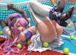  alternate_costume ass ball blue_eyes boots breasts commentary_request commission draph elbow_gloves female gloves granblue_fantasy hair_over_one_eye hat horns kaopon large_breasts legs_up long_hair lying miniskirt narmaya_(granblue_fantasy) on_back panties pink_hair pointy_ears ponytail racket skeb_commission skirt solo tennis_ball tennis_court tennis_net tennis_racket thighhighs twitter_username underwear very_long_hair white_panties white_thighhighs 