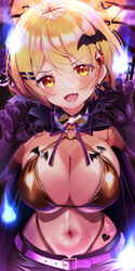  ahoge bat_(animal) bat_hair_ornament bat_tattoo belt bikini blonde_hair blush breast_tattoo breasts cape claw_pose cleavage elbow_gloves female full_moon gloves hair_ornament hairpin heart heart_tattoo highleg highleg_bikini highres hololive large_breasts looking_at_viewer medium_hair mizuno_kurage moon navel oerba_yun_fang open_mouth orange_bikini pink_belt purple_cape purple_gloves purple_skirt skin_fang skirt smile solo stomach_tattoo swimsuit tattoo virtual_youtuber yellow_eyes yozora_mel 