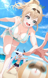  2girls absurdres adapted_costume alternate_breast_size aqua_bikini aqua_eyes ball bare_shoulders beach beach_volleyball bikini black_horns blonde_hair blue_sky breasts chest_sarashi collar commentary day demon_girl hair_ornament highres hololive horns kazama_iroha kazama_iroha_(streetwear) la+_darknesss large_breasts leaf_hair_ornament long_hair metal_collar mogmog_megmog multiple_girls open_mouth outdoors ponytail purple_horns sand sarashi short_shorts shorts sky standing striped_horns swimsuit thigh_strap twintails virtual_youtuber volleyball_net 