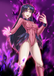  bishoujo_senshi_sailor_moon bishoujo_senshi_sailor_moon_r black_hair black_moon_clan boots breasts corruption covered_navel crescent crescent_facial_mark crystal dark_persona earrings facial_mark feather_trim female forehead highleg highleg_leotard highres hino_rei jewelry leebigtree leotard lips long_hair long_sleeves looking_at_viewer medium_breasts mind_control purple_eyes ribbed_leotard sailor_mars solo swept_bangs thigh_boots 