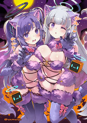  2girls animal_ears bare_shoulders black_panties blue_archive blush bow breasts cleavage cosplay elbow_gloves fate/grand_order fate_(series) full_moon fur-trimmed_gloves fur-trimmed_legwear fur_collar fur_trim gloves hair_ornament halloween halo highres lace-trimmed_legwear lace_trim large_breasts long_hair looking_at_viewer mash_kyrielight mash_kyrielight_(cosplay) mash_kyrielight_(dangerous_beast) mash_kyrielight_(dangerous_beast)_(cosplay) mechanical_halo moon multiple_girls navel night night_sky noa_(blue_archive) o-ring one_eye_closed open_mouth panties purple_eyes purple_gloves purple_hair purple_thighhighs revealing_clothes sidelocks sky super_zombie tail thighhighs two_side_up underwear very_long_hair white_hair wolf_ears wolf_tail yuuka_(blue_archive) 