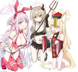  3girls angel_wings animal_ear_fluff animal_ears blonde_hair blue_archive blush breasts clearite cleavage collaboration commentary_request cosplay demon_horns fox_ears hair_between_eyes hair_bun hair_ornament halloween_costume halo horns katsuhiko_(bone_hiko) large_breasts light_brown_hair low_wings mika_(blue_archive) multiple_girls nagisa_(blue_archive) navel pink_hair pink_halo rabbit_hair_ornament seia_(blue_archive) single_side_bun tea_party_(blue_archive) white_wings wing_ornament wings yellow_eyes 