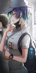  1boy absurdres andra_nadila_(vloodozer) aqua_eyes aqua_hair artist_logo backpack bag blue_hair blue_headwear blue_necktie breasts collared_shirt drink female highres holding holding_drink indonesian_flag indonesian_high_school_uniform large_breasts looking_at_viewer mask mask_pull mouth_mask multicolored_hair necktie original parted_lips school_uniform shirt short_hair short_sleeves solo_focus streaked_hair upper_body vloodozer watch 