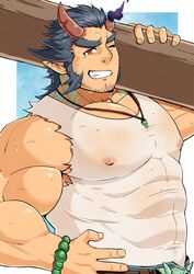  1boy bad_id bad_twitter_id bara bare_arms bead_bracelet beads blue_hair bracelet broken_horn carpenter carrying_over_shoulder covered_abs covered_navel covered_nipples dark_blue_hair demon_boy demon_horns denim facial_hair fiery_horns grin highres horns huge_eyebrows huge_pectorals jeans jewelry kansuke_(kansuke_717) long_sideburns looking_at_viewer male_focus mature_male muscular muscular_male mutton_chops necklace one_eye_closed pants pectoral_cleavage pectorals scar scar_on_neck short_hair sideburns smile solo strongman_waist stubble sweat sweaty_clothes takemaru_(housamo) tokyo_afterschool_summoners torn_clothes torn_sleeves upper_body v-shaped_eyebrows very_sweaty 