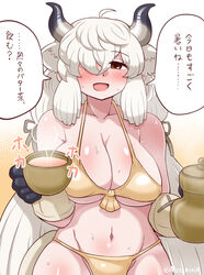  alternate_costume bikini blush breasts brown_eyes coffee_mug cup female gloves groin hair_over_one_eye highres kemono_friends large_breasts long_hair metamimi mug navel ox_ears ox_girl ox_horns solo sweat swimsuit translation_request twitter_username upper_body very_long_hair white_hair yak_(kemono_friends) yellow_bikini 