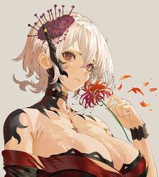  bare_shoulders black_choker breasts choker closed_mouth commentary english_commentary female flower grey_background hair_ornament hand_up highres holding holding_flower indie_virtual_youtuber large_breasts looking_at_viewer original red_eyes red_flower simple_background solo tomatolover16 upper_body virtual_youtuber wrist_cuffs 