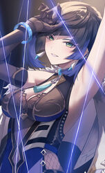  absurdres arm_up armpits black_gloves black_hair blue_hair bob_cut breasts diagonal_bangs earrings elbow_gloves female fishnet_fabric genshin_impact gloves green_eyes hal_aluha highres hip_vent jewelry large_breasts looking_at_viewer mole mole_on_breast multicolored_hair smile solo upper_body yelan_(genshin_impact) 