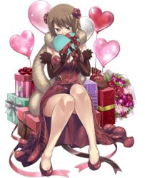  balloon bow box breasts brown_eyes brown_gloves brown_hair cleavage cloak dress elbow_gloves female flower full_body fur-trimmed_cloak fur_trim gate_of_nightmares gift gift_box gloves hair_flower hair_ornament heart-shaped_box heart_balloon high_heels highres holding holding_gift large_breasts looking_at_viewer mashima_hiro mei_fang_(gate_of_nightmares) official_alternate_costume official_art red_bow red_dress red_flower red_footwear red_ribbon red_rose ribbon rose short_hair silver_ribbon sitting solo strapless strapless_dress transparent_background valentine 