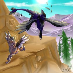  1:1 brynhusky duo dutch_angel_dragon feathered_wings feathers female feral flying hi_res horn male mountain parrybow rebutia_(parrybow) running wings 