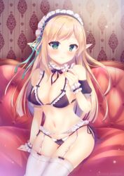  absurdres alternate_costume aqua_ribbon arm_at_side ass_visible_through_thighs bad_id bad_pixiv_id black_bow black_bra black_hairband black_panties black_ribbon black_wrist_cuffs blonde_hair blush bow bra breasts cameltoe choker cleavage closed_mouth commentary_request commission couch cowboy_shot curvy earrings elf enmaided eyelashes eyes_visible_through_hair female fingernails frilled_bra frilled_choker frilled_cuffs frills garter_belt green_eyes hair_between_eyes hair_ribbon hairband hand_up heart heart_earrings highres indoors iris_mysteria! jewelry kurumi_komomo large_breasts light_particles lingerie looking_at_viewer maid maid_headdress midriff navel neck_ribbon on_couch panties pointy_ears ribbon shiny_skin side-tie_panties sidelocks sitting skeb_commission skindentation smile solo stomach thigh_gap thighhighs thighs tise_(iris_mysteria!) twitter_username underwear white_thighhighs wrist_cuffs 