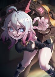  :d ahoge artist_name bent_over black_leotard blurry blurry_background bound bound_wrists briar_(league_of_legends) chained_wrists fanbox_username female grey_hair grey_nails highres kneehighs league_of_legends leotard looking_at_viewer multicolored_hair nail_polish patreon_username pillory pink_hair pointy_ears sharp_teeth shiny_skin smile socks solo strongbana teeth two-tone_hair web_address 