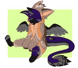  blep brynhusky clothing dutch_angel_dragon feathered_wings feathers happy humanoid kigurumi male onesie parrybow pawpads paws solo tongue tongue_out wings 