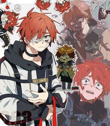  1boy absurdres alternate_costume armor bandaid bandaid_on_cheek bandaid_on_face black_hoodie blood blood_on_face brown_eyes chibi eyepatch grey_shirt highres hood hood_down hoodie jacket kajiyama_fuuta kao_ru05 looking_at_viewer male_focus milgram open_mouth orange_jacket red_hair shirt short_hair solo straitjacket teeth white_jacket 