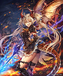  ahoge black_gloves copyright_name dragon_girl dragon_horns dragon_tail dragon_wings female from_side gloves hair_between_eyes highres holding holding_sword holding_weapon horns lava light_brown_hair long_hair looking_at_viewer madogawa oerba_yun_fang official_art pointy_ears shadowverse solo standing sword tail twintails weapon wings yellow_eyes zealot_of_disdain_(shadowverse) 