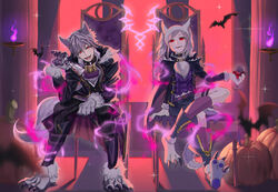  1boy absurdres ag_button alcohol animal_collar animal_ears animal_hands aura bat_(animal) chair claws cloak collaboration collar crossed_legs dark_aura dual_persona evil_smile eyes_of_grima fangs female fire fire_emblem fire_emblem_awakening fire_emblem_heroes fur_trim gloves grima_(fire_emblem) halloween halloween_costume highres inusukino1 looking_at_viewer official_alternate_costume paw_gloves paw_shoes pumpkin purple_fire robin_(female)_(fire_emblem) robin_(female)_(halloween)_(fire_emblem) robin_(fire_emblem) robin_(male)_(fire_emblem) robin_(male)_(halloween)_(fire_emblem) sitting smile sparkle spiked_collar spikes tail werewolf_costume wine wolf_ears wolf_tail 