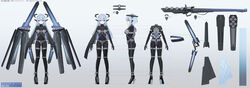  absurdres android ankle_cuffs arms_at_sides blue_hair bodysuit breasts chains chastity_belt chastity_bra cloak commentary_request cuffs female flat_color floating_cape from_behind from_side full_body gradient_background grey_eyes gun halo high_heels highres joints long_hair mecha_musume mechanical_ears mechanical_halo medium_breasts original pigeon-toed qiaogun_damodao reference_sheet rifle robot_joints second-party_source standing straight-on translation_request vial weapon 